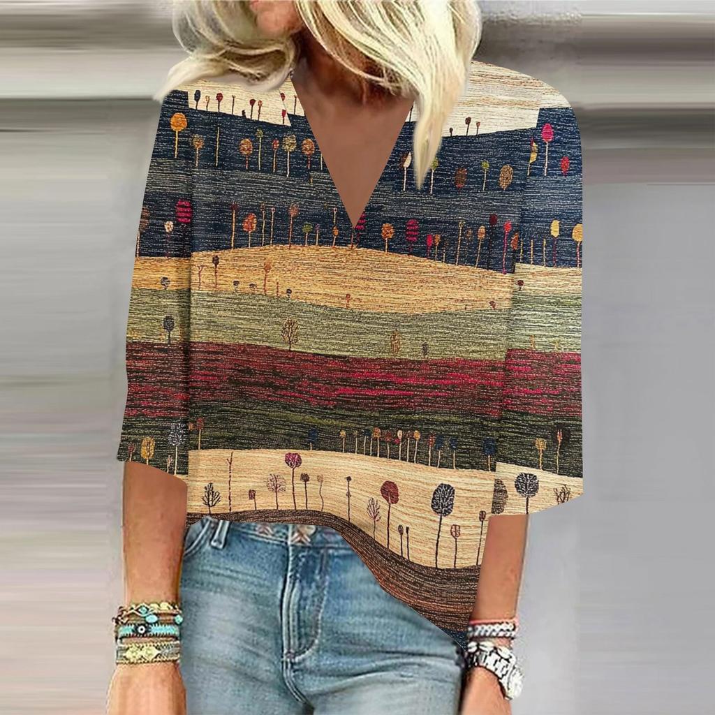 Women's Shirt Blouse Casual Loose Shirts 3/4 Sleeve Print V Neck Tops Print Tops T-shirts Tee