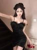 Golden Velvet Slimming Camisole Dress with Patchwork Fur