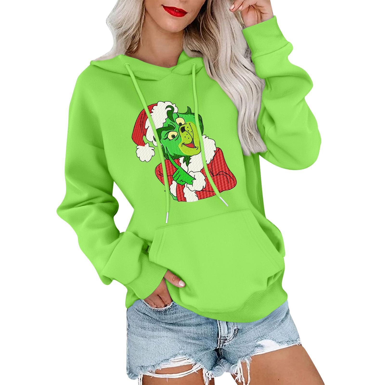 

Женский повседневный удобный свитшот с капюшоном, длинным рукавом и рождественским принтом XXXL зелёный