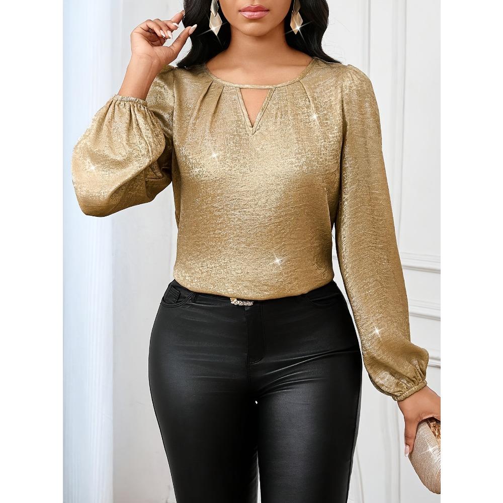 Elegantní směrová dámská metalická zlatá halenka - Lopatkový výstřih, lucernový rukáv, top s dlouhým rukávem, pro čtyři roční období, pro svatebního hosta a do práce