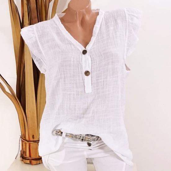 Women Blouse Ruffled Sleeve Loose V Neck Casual Cotton And Linen