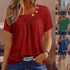 Women New O Neck Button Decoration Pleated T-Shirt Summer Solid Color Short Sleeve Tops Female Comfortable Casual Commuter Tees