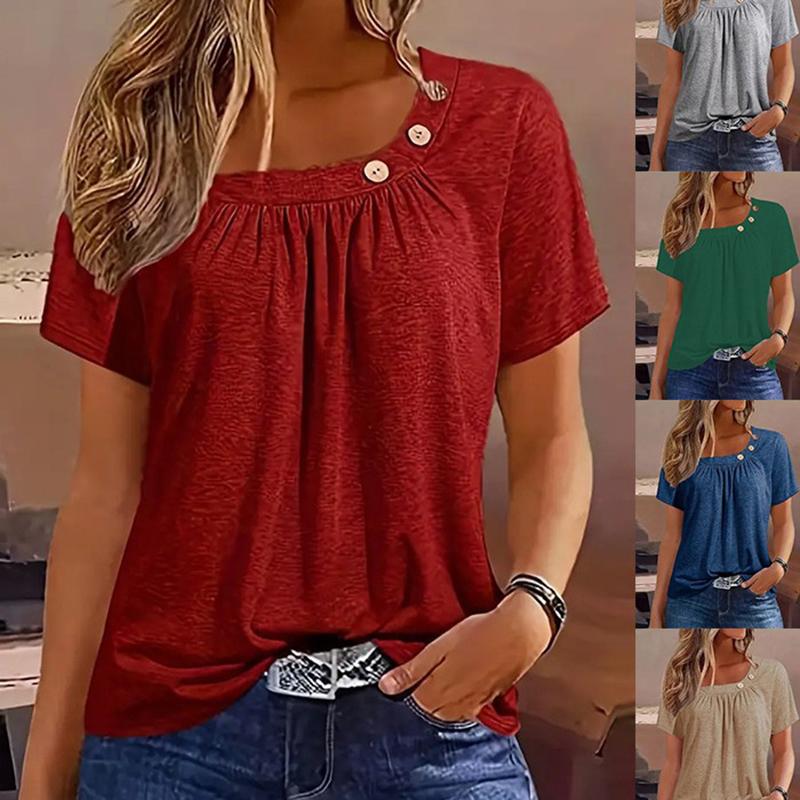 Women New O Neck Button Decoration Pleated T-Shirt Summer Solid Color Short Sleeve Tops Female Comfortable Casual Commuter Tees