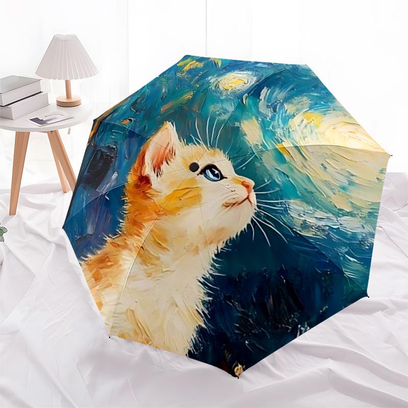 1pc "Cat Night" Auto Open/Close Leisure Umbrella, Portable Folding Umbrella for Travel, Themed Events, It Is Suitable As a Gift for Various Festivals,