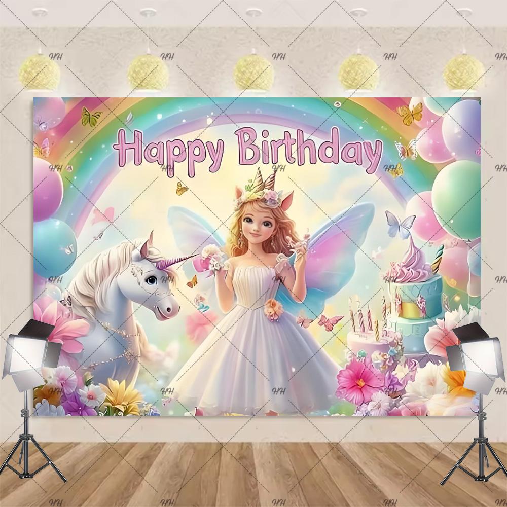 Cartoon Rainbow Unicorn Theme Princess Birthday Party Decoration Background Baby Shower Backdrop Photozone Studio Prophoot Props
