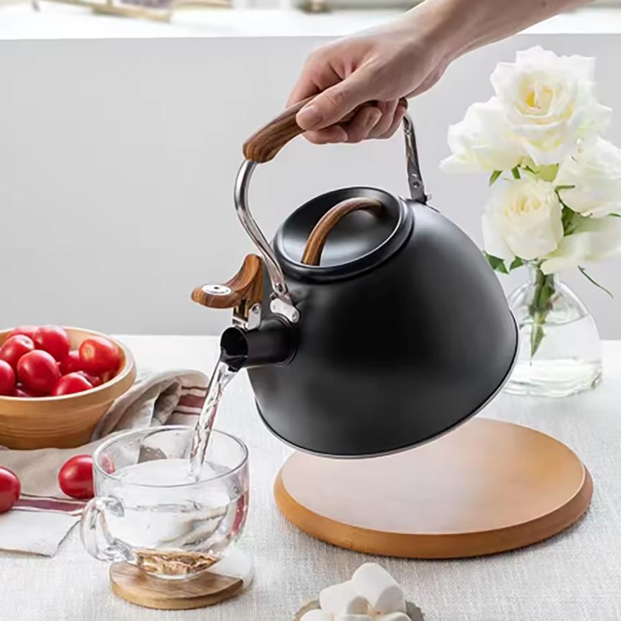 Whistling Tea Kettle 3 Liters Food Grade Stainless Steel Teapot Water Kettle with Wood Pattern Anti-slip HandlePerfect for Home