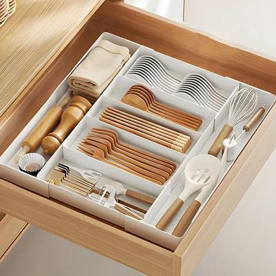Cutlery Expandable Cutlery Storage Large Drawer Divider Easy Small Item White Case, 4-Sided Box, Capacity, Tray, Removal, Kitchen, Stationery,