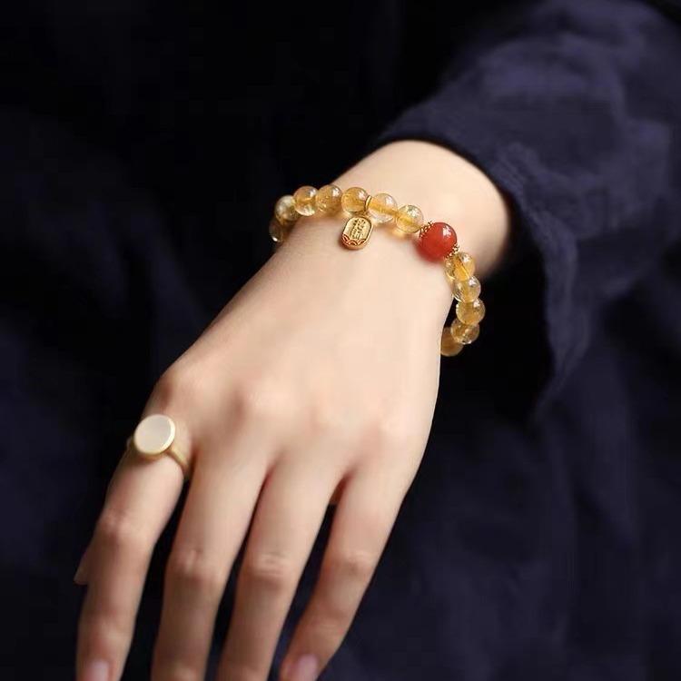 Natural Brazilian Citrine Bracelet for Women, Designer Style with Red Agate Pendant, Simple Design diy Women's yellow citrine bracelet