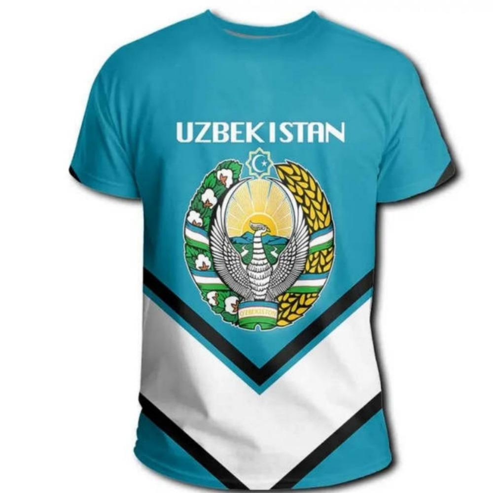 Men Uzbekistan National Flag Print T-Shirt Football Sports Pattern T-Shirts Casual Short Sleeve O-Neck Loose Soccer Fans Tees