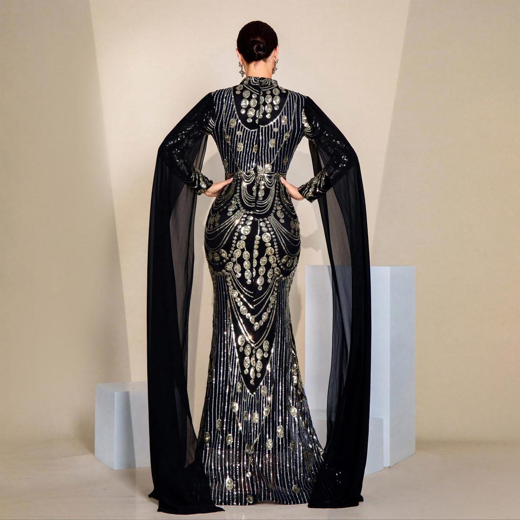 Elegantes grenzüberschreitendes Pailletten-Abendkleid mit langen Ärmeln für Damen