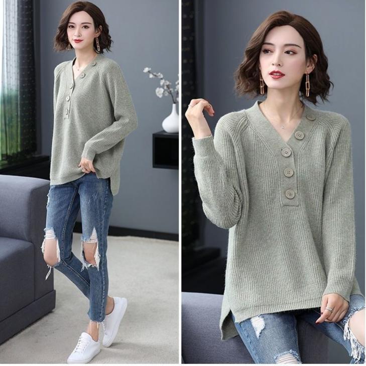 Spring and Autumn Women's V-Neck Sweater Loose Plus Size Knit Sweater Split Pullover Knit Tops Jumper