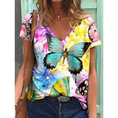 Women's T-shirts Fashion Tops V-neck Colorful Butterfly T Shirt Female Short Flowers Print Casual Tees Summer Oversized Clothes