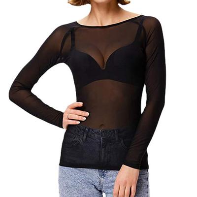 Lange, große, durchsichtige Ärmel, schwarze Netz-Oberteile, Pullover-Oberteile, O-Ausschnitt, transparentes Punk-Club-T-Shirt