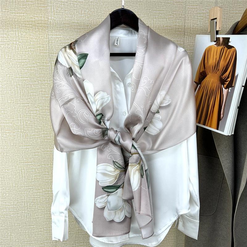 53*170cm High-grade 100% Mulberry Silk Scarf Lotus Luxury Shawl Neckerchief Gift Spring Autumn for Women
