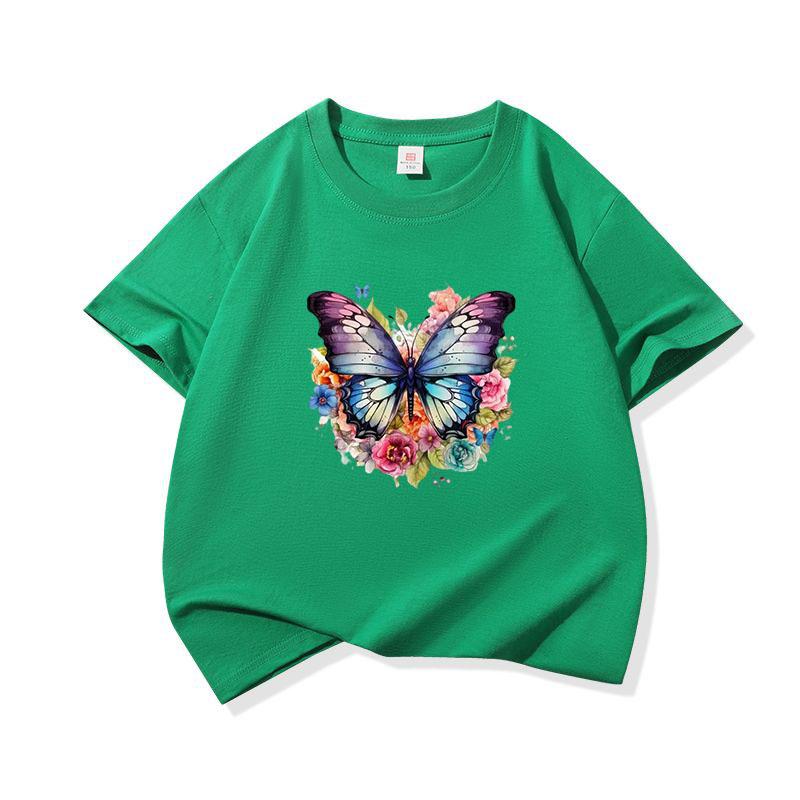 Kids Cotton T Shirt Colorful Floral Watercolor Butterfly Print Crew Neck Short Sleeve Tee Casual Boys Girls Summer Tops