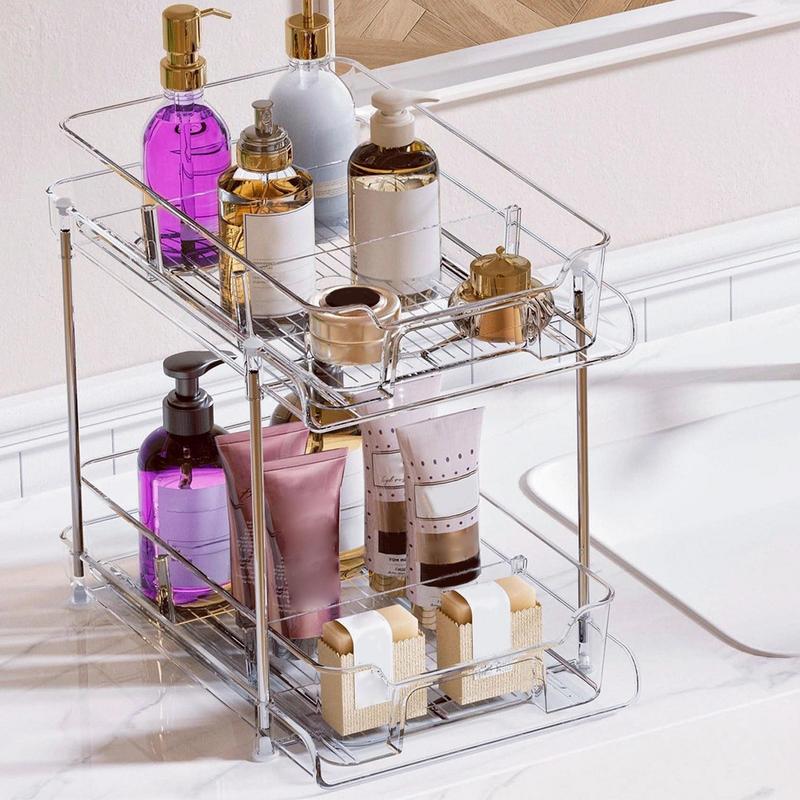 Cabinet Pull Out Shelves Stackable Transparent Storage Rack For Cosmetics 2 Tier Clear Pantry Organization And Storage Bathroom
