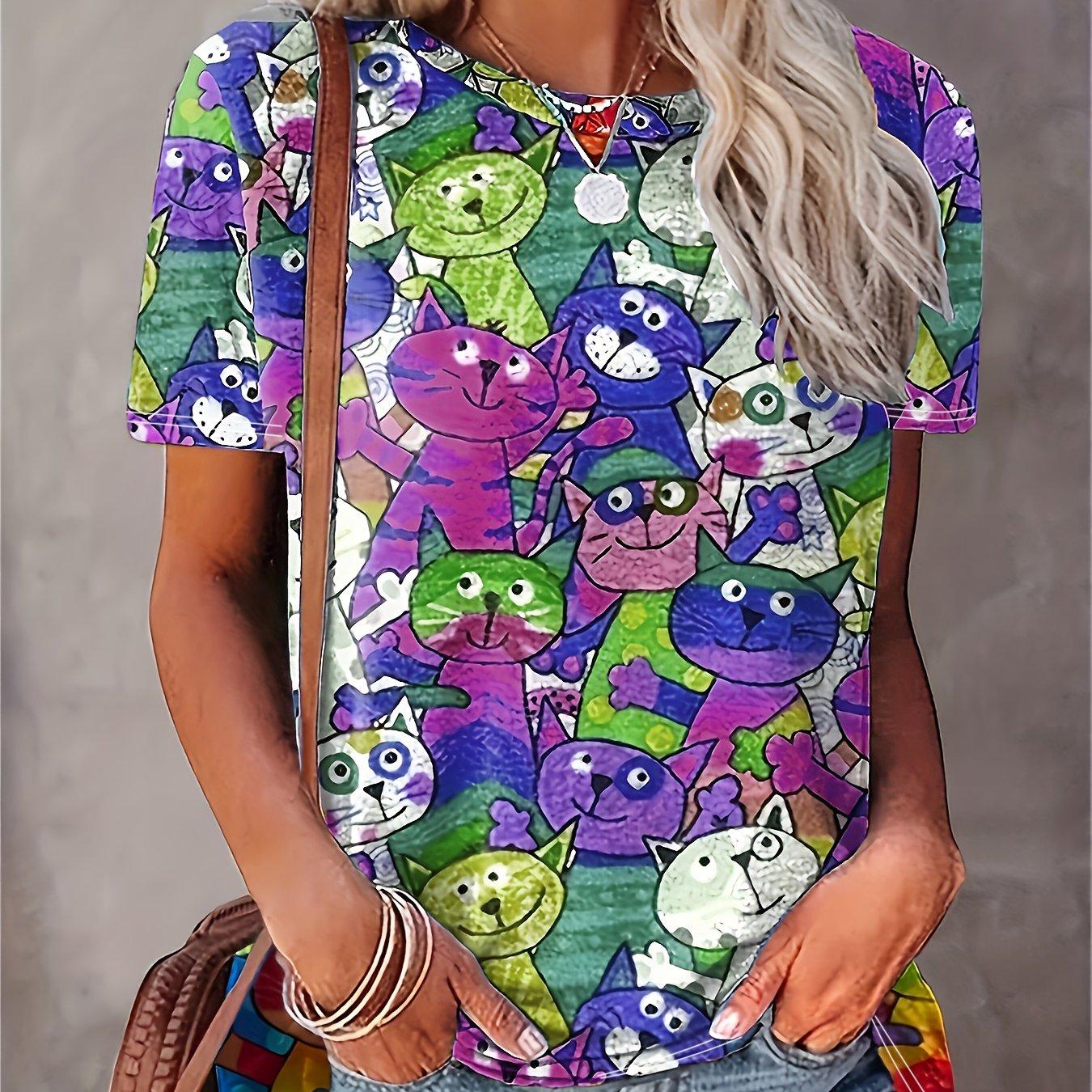 

Футболка с коротким рукавом и ярким принтом мультяшного кота, повседневная одежда на лето и весну — женская одежда для повседневного комфорта 3XL