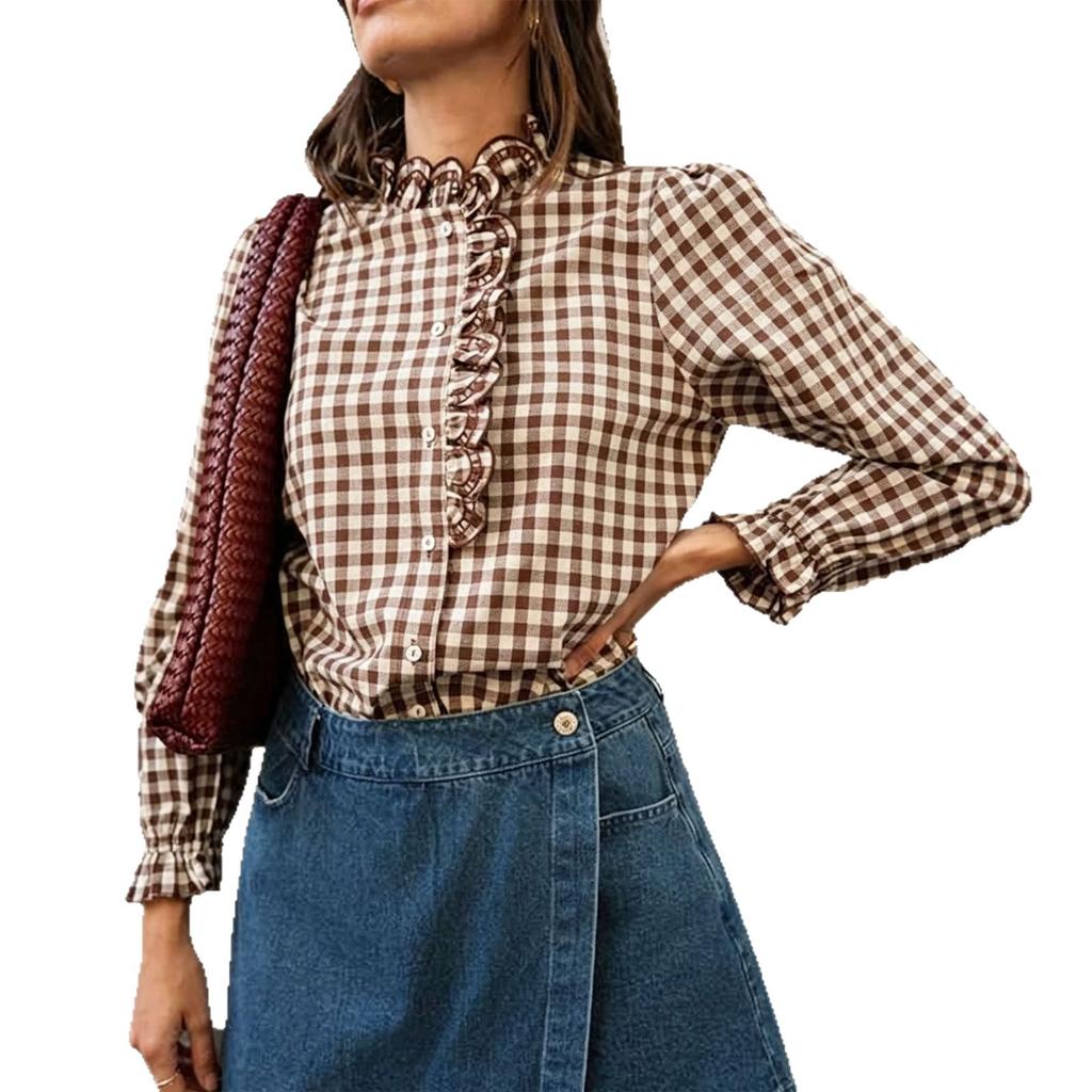 Women S Short Sleeve Plaid Ruffle Collar Blouse Top