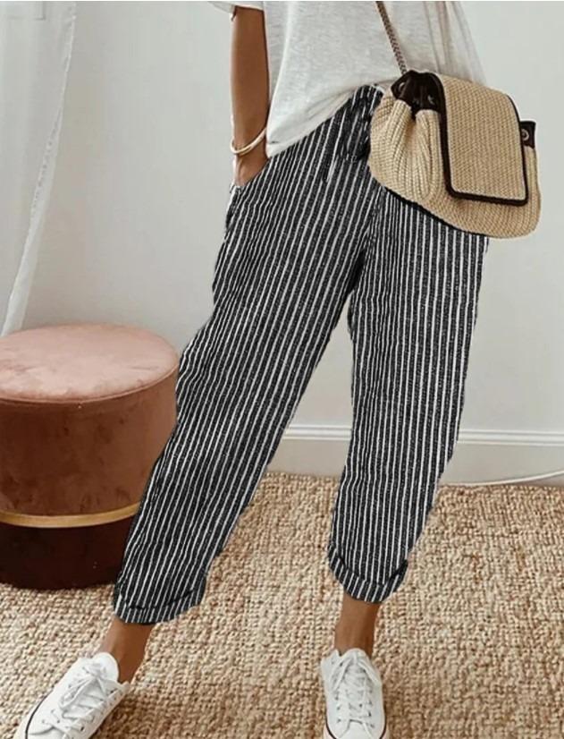 Women's Summer Fashionable Loose Stripe Printed Elastic Waist Drawstring Casual Pants