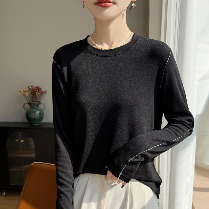 Spring Elastic and Figure-controlling Versatile Comfortable Long-sleeved Striped Design Base Layer Sweater for Women