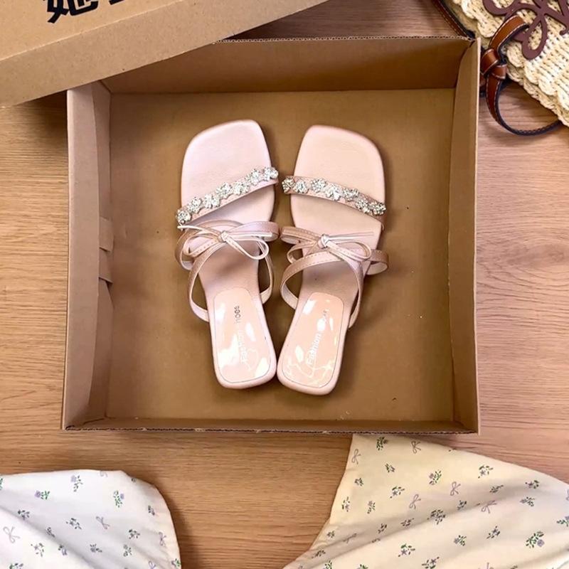 French Low-heeled Rhinestone One-word Fairy Shoes, Wear 2025 Summer New Models with Skirts, Bows, Cool Slippers, Women