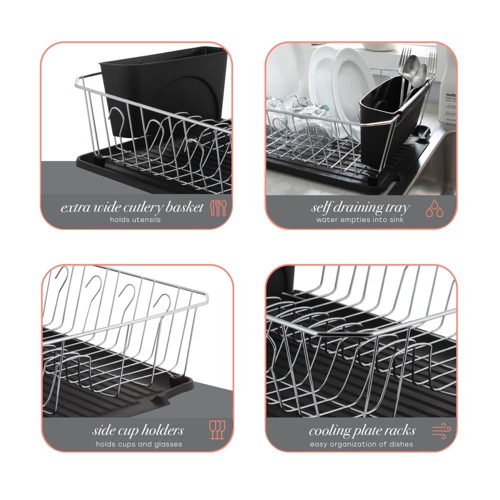 Chrome Dish Rack Set 3 Piece Iron Construction Rust Resistant Dish Drainer with Cutlery Basket and Water Catching Tray