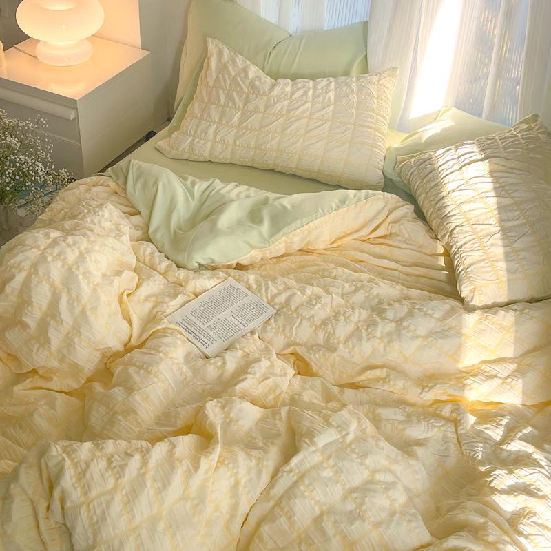 Korean Style Seersucker Cotton 4-Piece Bed Set - Girlish Duvet Cover & Sheet for Dorms (3-Piece)