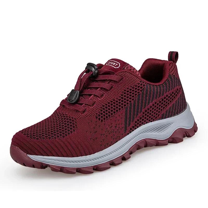 Outdoor Casual Sneakers Ladies Non-Slip Soft Elderly Walking Shoes Spring Flying Woven Breathable Hiking Shoes Women Autumn