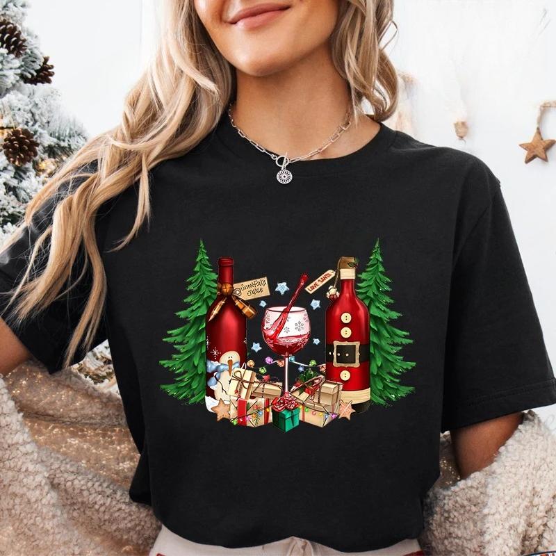 Lumières de Noël Verre à Vin Rouge T-shirt Femme Mode Fête de Noël Tops Harajuku Esthétique Décontractée Hauts de Fête pour Femmes