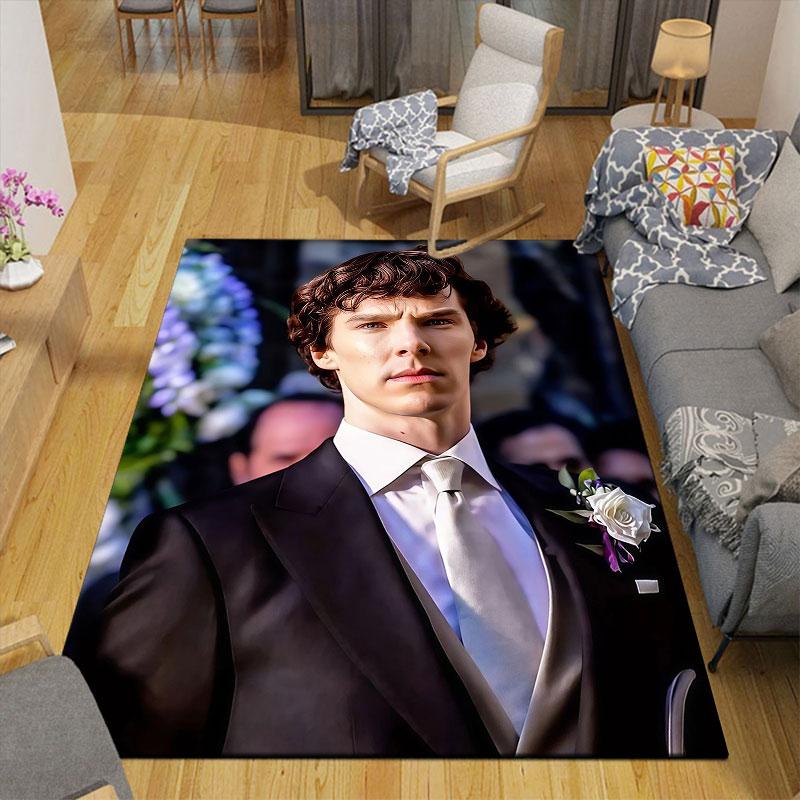 Sherlock Holmes Flannel Printed Carpet, Home Sofa Decoration for Living Room & Bedroom, Non‑Slip Play Flannel Floor Mat for Game Room