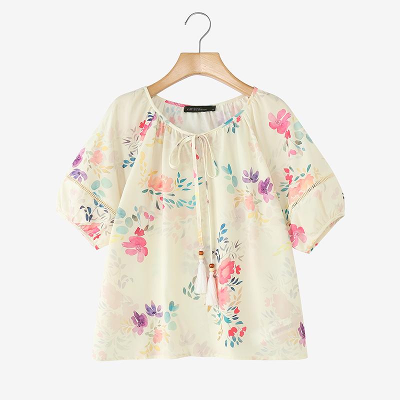 

ZANZEA Женская повседневная блузка с круглым вырезом, короткими рукавами, свободного кроя, с цветочным принтом жёлтый