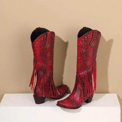 Western Cowboy Fransen Kniehohe Stiefel für Damen Gold Rot Schlangenleder High Heels Verzerrte Spitze Nieten Cowgirl Reißverschluss Lange Stiefel