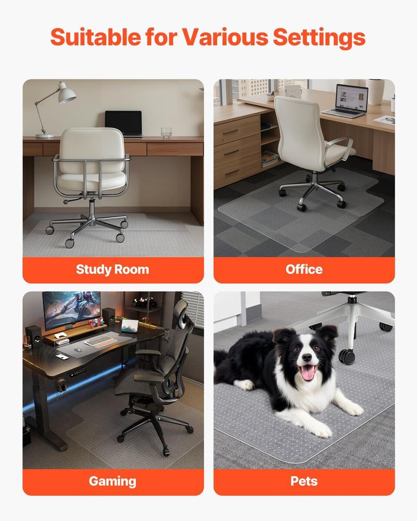 Chair Mat with Lip, 915 x 1225 mm Office Chair Mat for Low Pile Carpeted Floors, Plastic Floor Protector Rug with Studded, Non-Slip & Easy to Clean,