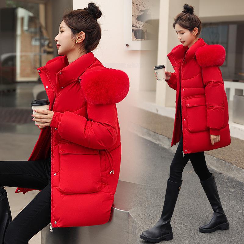 Winter Damen Mittellange Lockere Baumwollgepolsterte Jacke mit Großem Pelzkragen und Daunenjacke