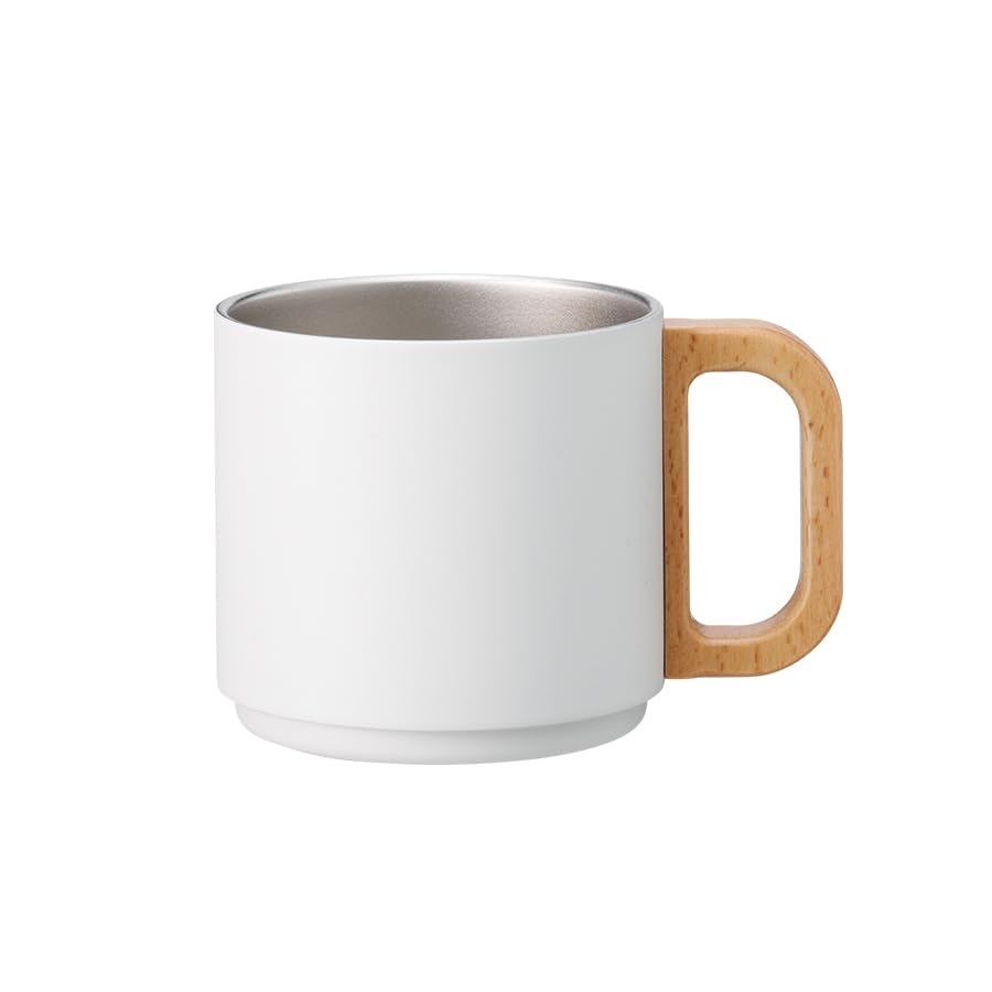 Stackable Wooden Handle Thermo 350ml Insulates Hot Cold Perfect for Camping and Outdoor Activities Mug, Stackable, & Drinks, Unbreakable, (White)