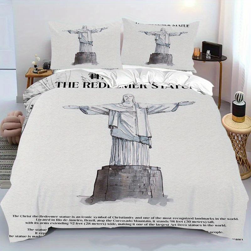 

2/3pcs Quilt cover set with Jesus Christ the Redeemer statue print quilt cover set includes quilt cover and pillowcases EU Twin(135x200cm)