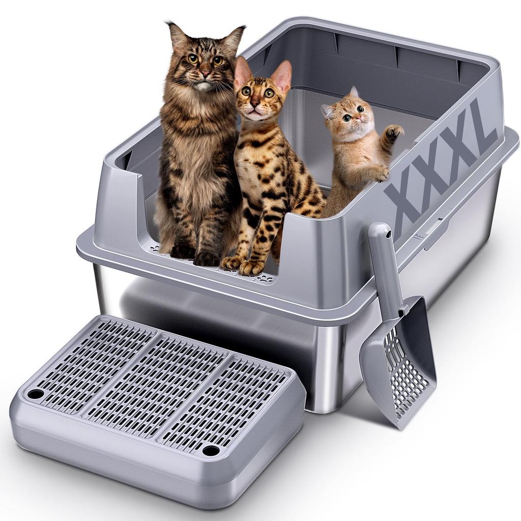 Stainless Steel Cat Litter Box with Anti-Splash Top-Entry Lid, Sizes S-XXXL.