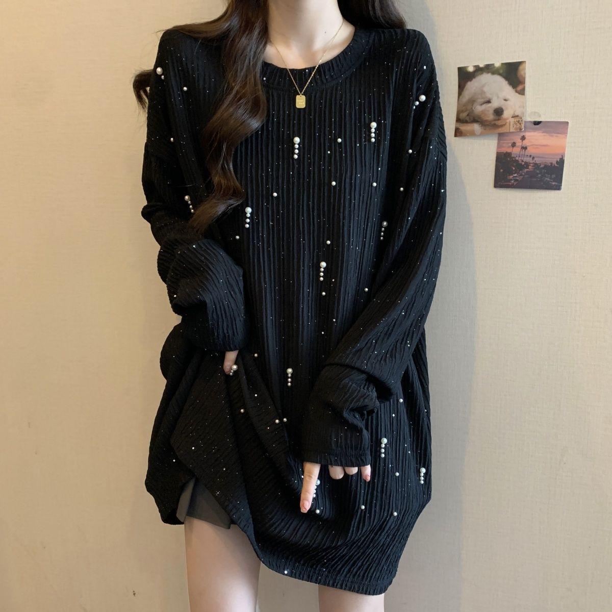 

Plus Size Hand-Beaded Long-Sleeve Textured Starry Sky Top - Slimming & Flaw-Hiding 3XL чорний