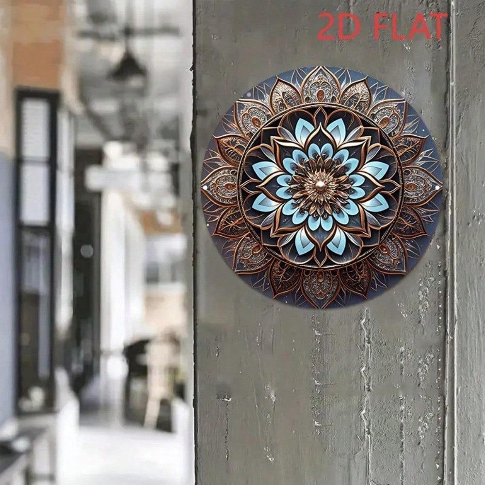 Tyrkysově modrá zlatá mandala kovové nástěnné umění 8x8 palců kulatá boho závěsná bezrámová dekorace do obývacího pokoje