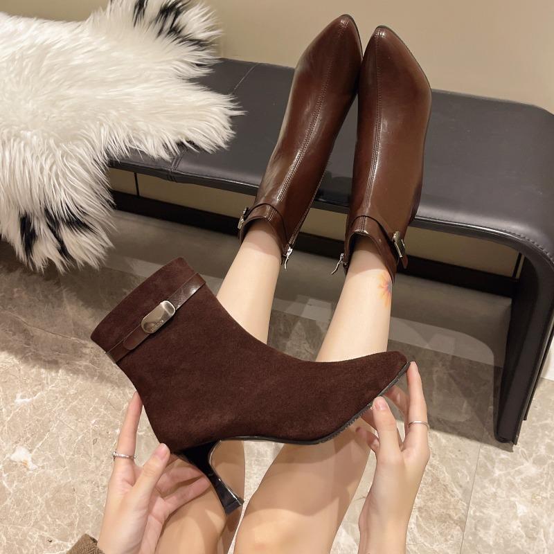 Women's Fashion Thin Heel Shoes Autumn New Pointed Suede Side Zipper Soft Sole Anti-slip Wear-resistant Short Tube Shoes