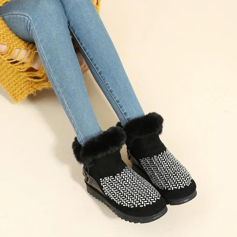 Fashion Rhinestone Women's Booties Snow Boots Elegant With Medium Heels High Quality Ankle Shoes for Woman Spring 2024 Protective Plush