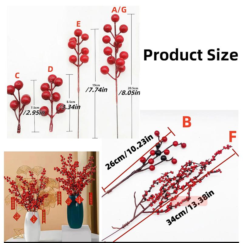 10PC Christmas Artificial Berries Branches Decor Xmas Red Berry Flowers Bouquet DIY Holiday Wreath Craft Home Party Ornament