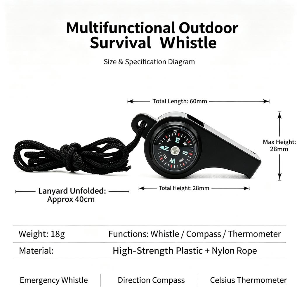 1in1 outdoor emergency whistle with compass, thermometer, outdoor whistle, convenient to carry suitable for camping and hiking