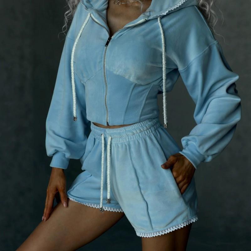 Casual Women's Velvet Color Blocking Line Pockets Long-sleeved Cardigan Coat Shorts Two-piece Set
