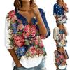 Damen Blümchenmuster Henley-Kragen Knopfleiste Vorne Dreiviertelärm Leinen Baumwolle Hemd Lässig Locker Sitzend Bluse