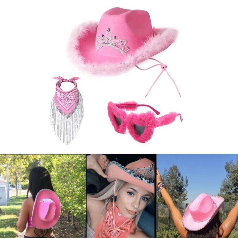 Cosplay Cowboy Hats for Female Western Cowgirl Hat Headscarf Heart Shape Sunglasses Bachelorettes Party Costume Set