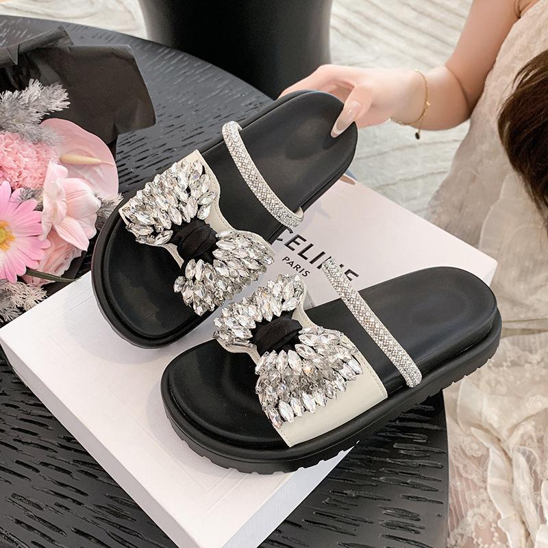 2025 Women's Summer Wear Cool Slippers with a Hundred Matching Thick-bottomed Rhinestone Bow Skirt Summer New French Flat-bottomed Drag