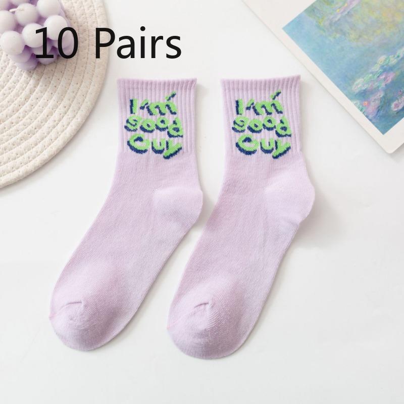 10 Pairs of Female Autumn and Winter Personality Letter Smiley Face Sports Tube Socks