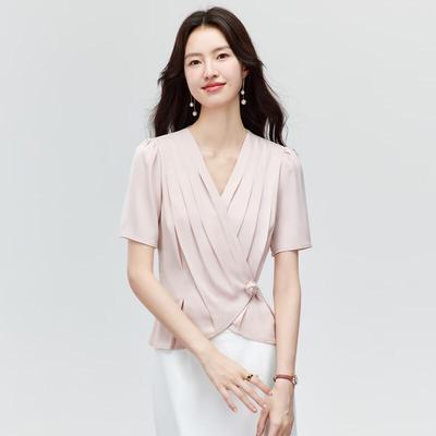 CARBAMMI Damen Elegante V-Ausschnitt Chiffon Kurzarm Bluse