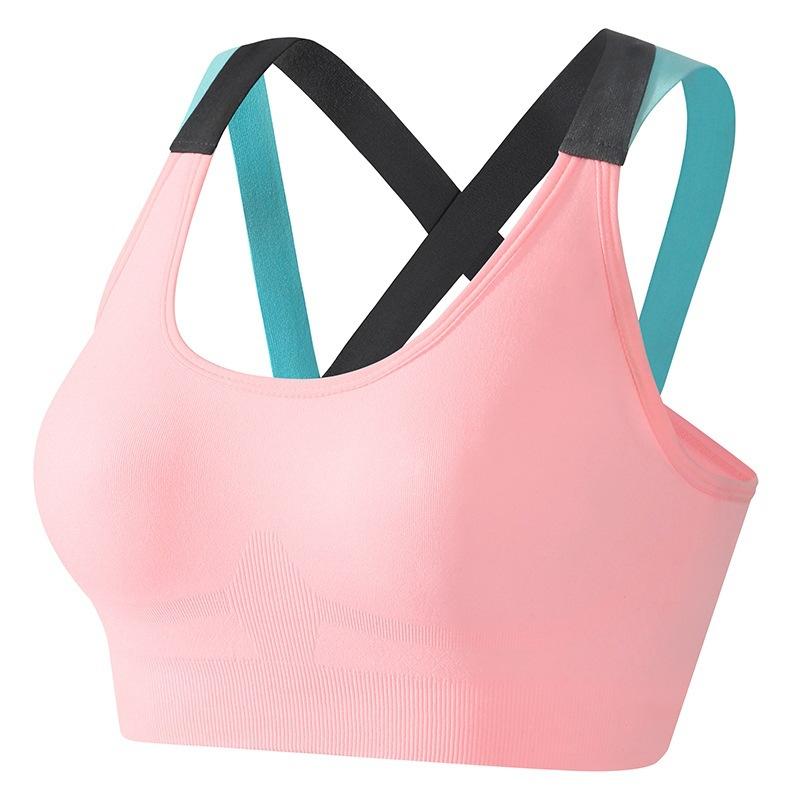 

Pink Color Block Cross Back Sports Bra Seamless High Support for Yoga Running and Gym S